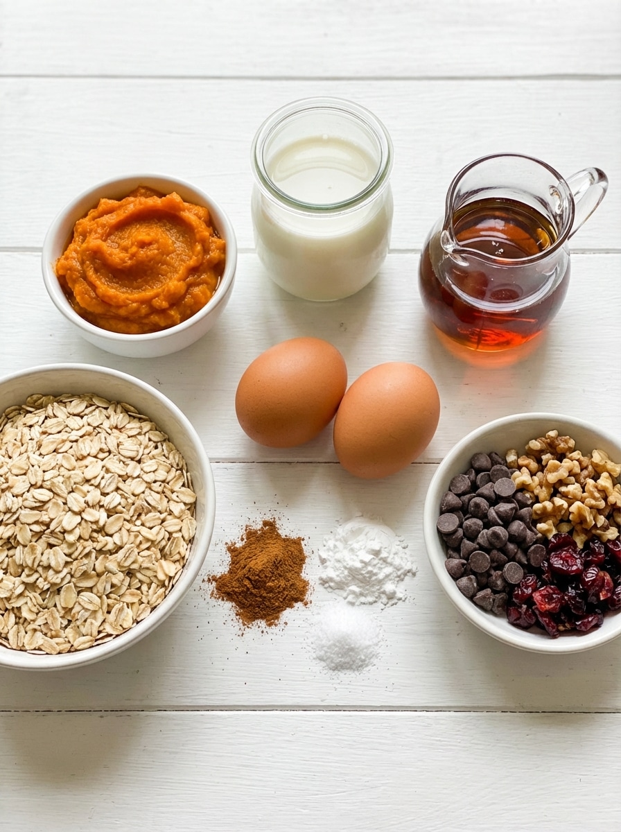 Pumpkin puree, oats, eggs, maple syrup, and spices arranged for pumpkin oat muffin.