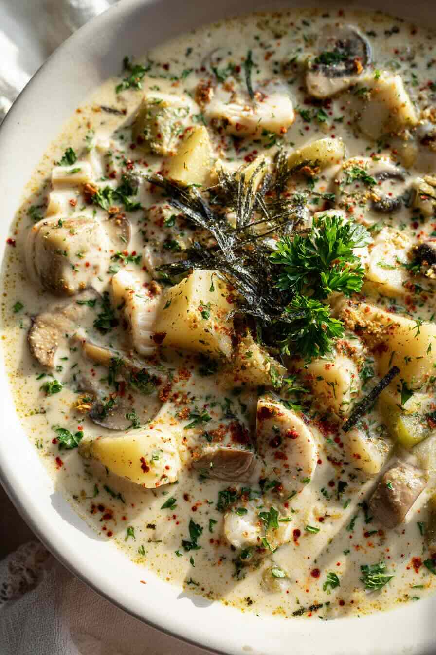 Rustic vegan clam chowder with potatoes, mushrooms, seaweed, and parsley garnish