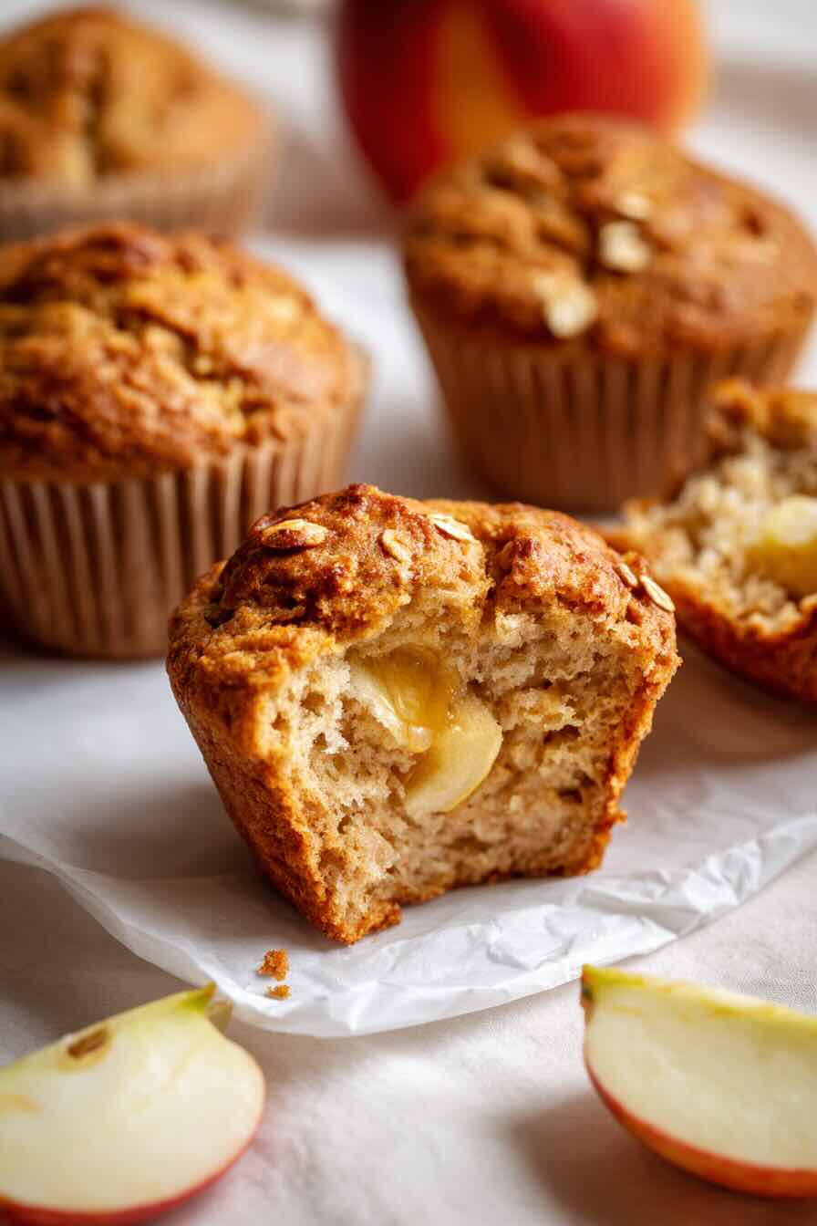 Healthy apple muffin cut open showing apple chunks inside