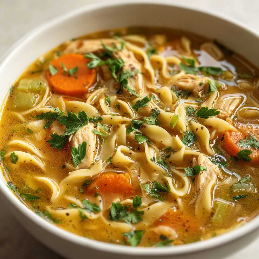 Vegan chicken noodle soup with carrots, celery, and pasta in a white bowl