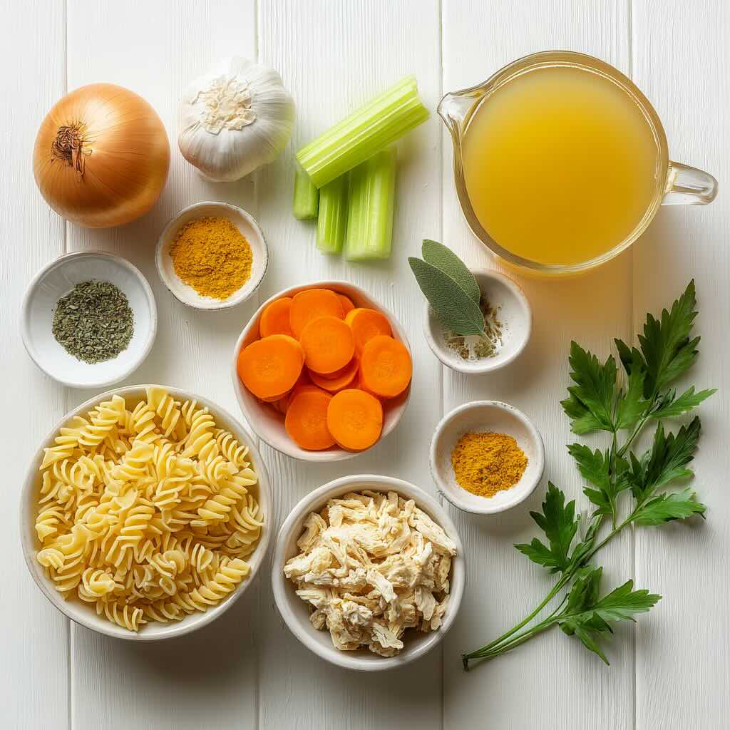 Flat lay of vegan chicken noodle soup ingredients on white wood