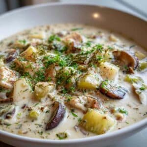 Creamy vegan clam chowder with potatoes and mushrooms in a white bowl