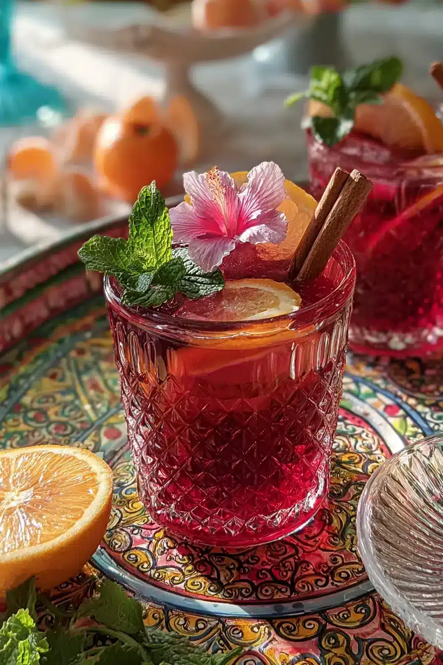Glass of Agua de Jamaica garnished with a pink hibiscus flower, mint, orange slice, and cinnamon stick on a colorful patterned tray.