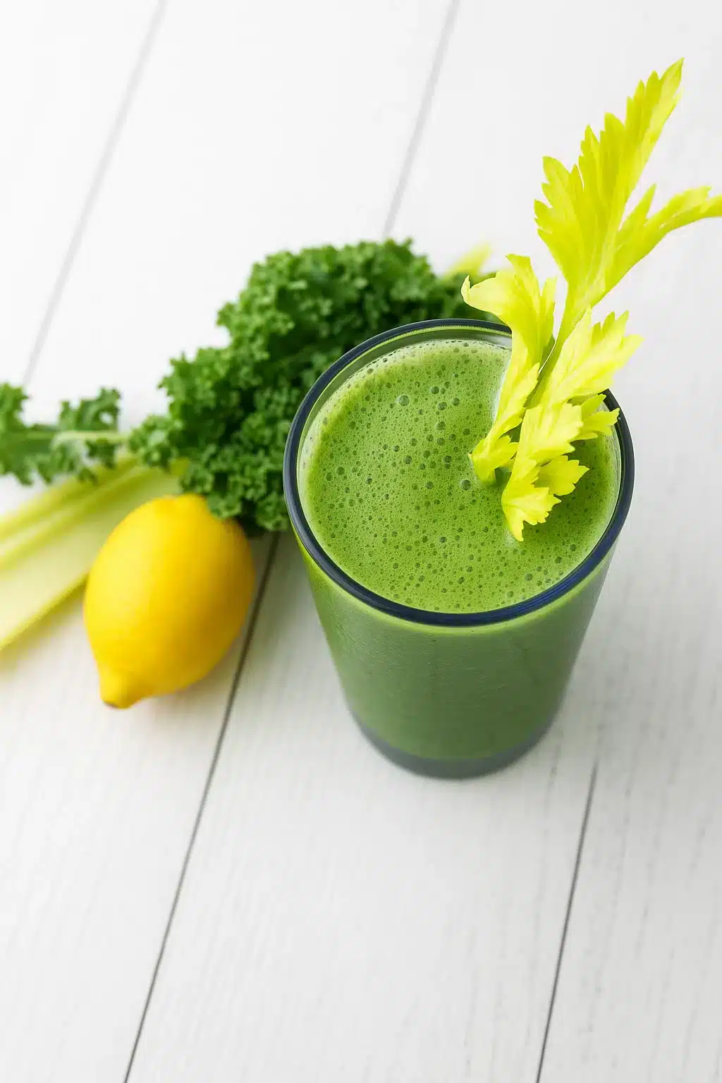 Top view of celery kale lemon smoothie with kale, lemon, and celery