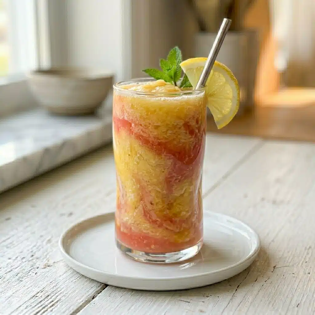 Pink and yellow citrus smoothie in a tall glass with a lemon slice, fresh mint, and metal straw on a white wooden table.