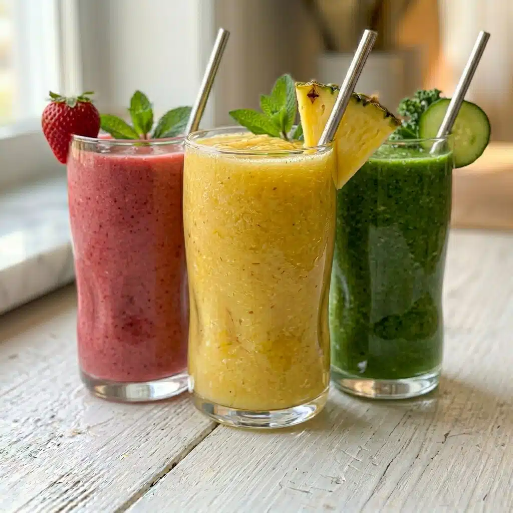 Three smoothies in tall glasses on a white wooden table: a pink strawberry smoothie, a yellow pineapple smoothie, and a green vegetable smoothie with cucumber and kale.