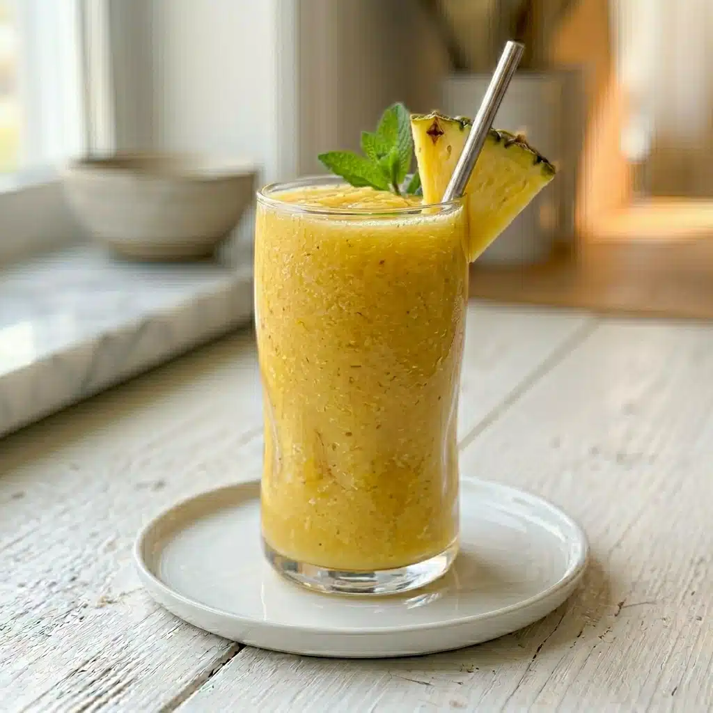 Pineapple smoothie in a tall glass with a fresh pineapple wedge, mint sprig, and metal straw on a white wooden table.