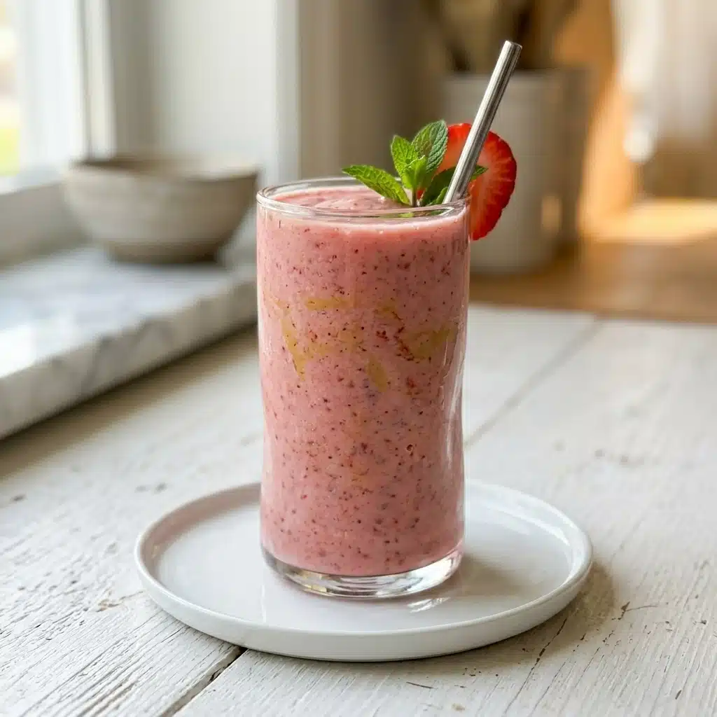 Pink strawberry smoothie in a tall glass with a fresh strawberry, mint sprig, and metal straw on a white wooden table.