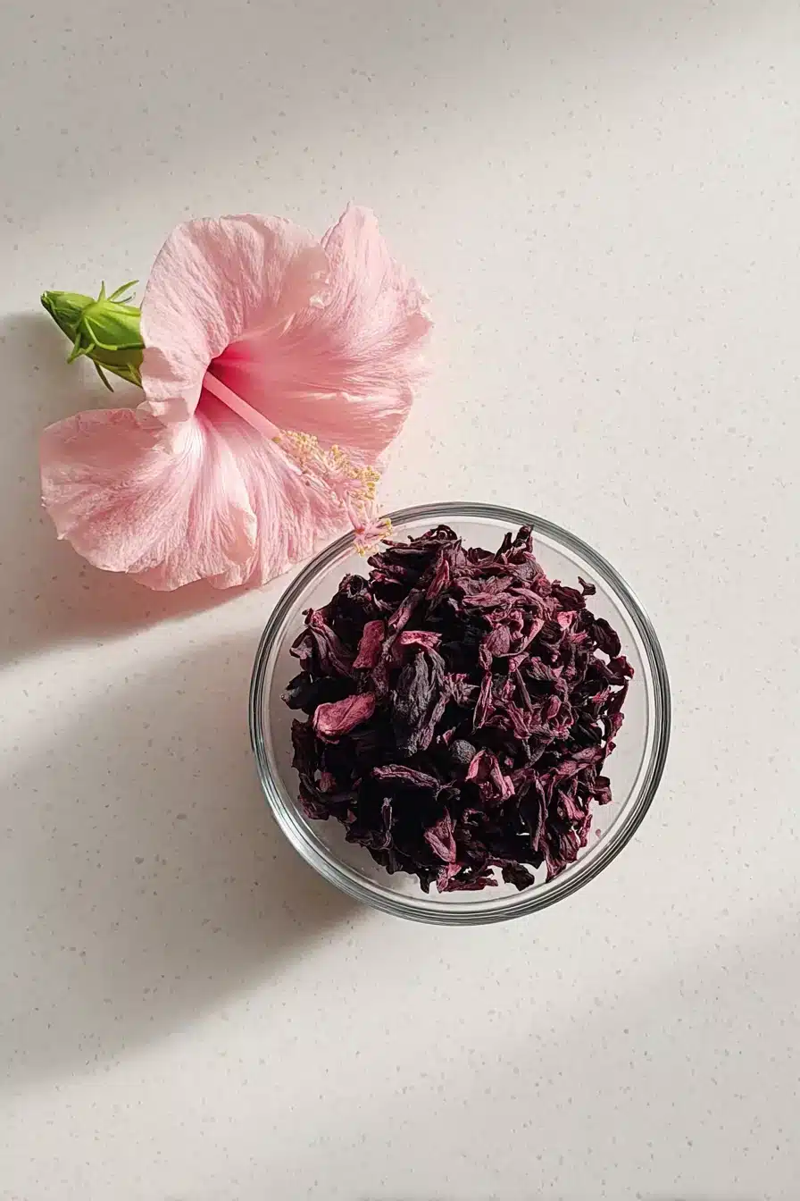Bowl of dried hibiscus flowers next to a fresh pink hibiscus blossom on a light surface.