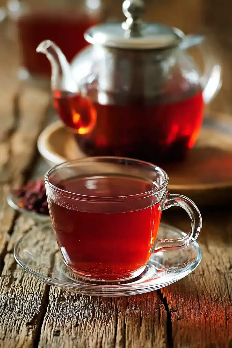 Glass cup of hot hibiscus tea on a saucer with a glass teapot of brewed tea and dried hibiscus flowers in the background on a wooden table.