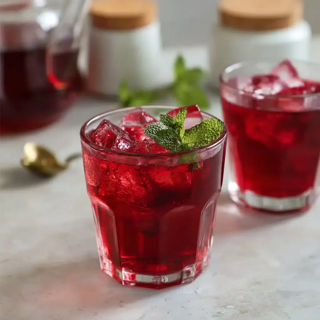 Two glasses of iced hibiscus tea with fresh mint leaves and ice cubes on a marble counter.