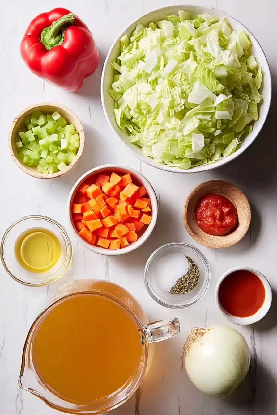 Cabbage soup ingredients on a marble surface: chopped cabbage, red bell pepper, celery, diced carrots, tomato paste, tomato sauce, olive oil, broth, onion, and seasonings.