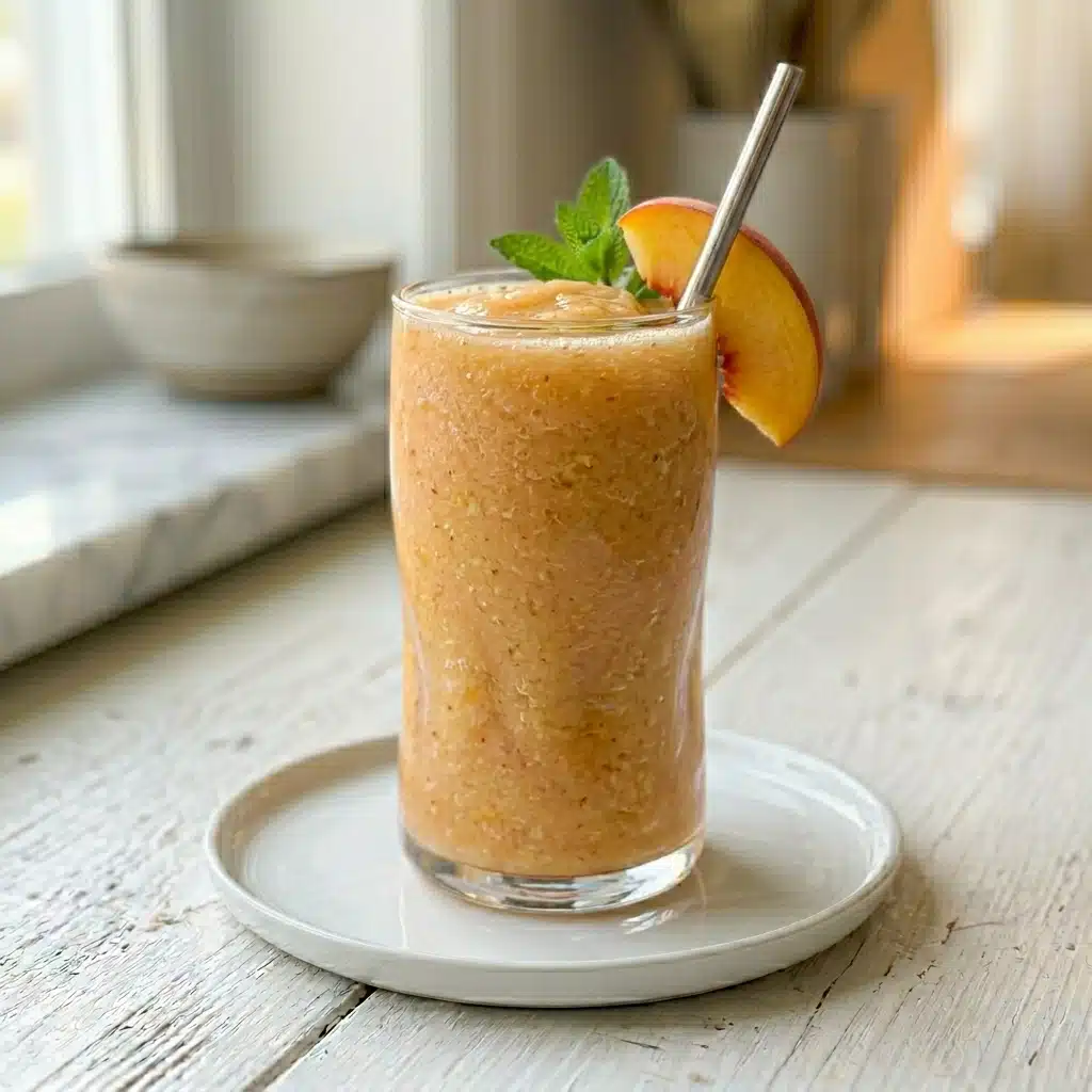 Peach smoothie in a tall glass with a fresh peach slice, mint sprig, and metal straw on a white wooden table.
