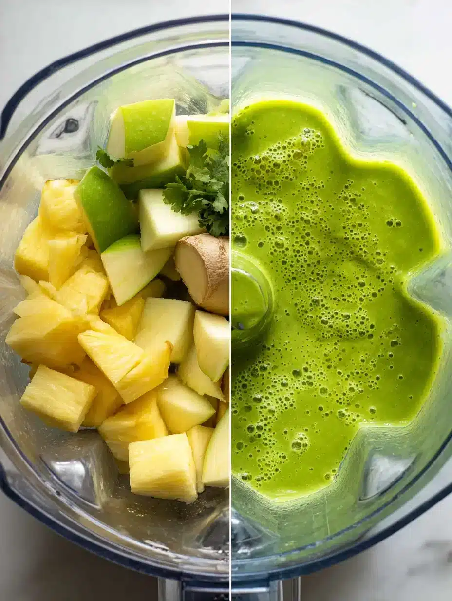 Split image showing pineapple ginger smoothie before and after blending: pineapple chunks, green apple, ginger, and cilantro on the left, blended green smoothie on the right.
