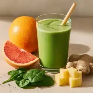 Tall glass of pineapple and grapefruit smoothie with a bamboo straw, surrounded by fresh grapefruit, pineapple chunks, spinach, and ginger root.