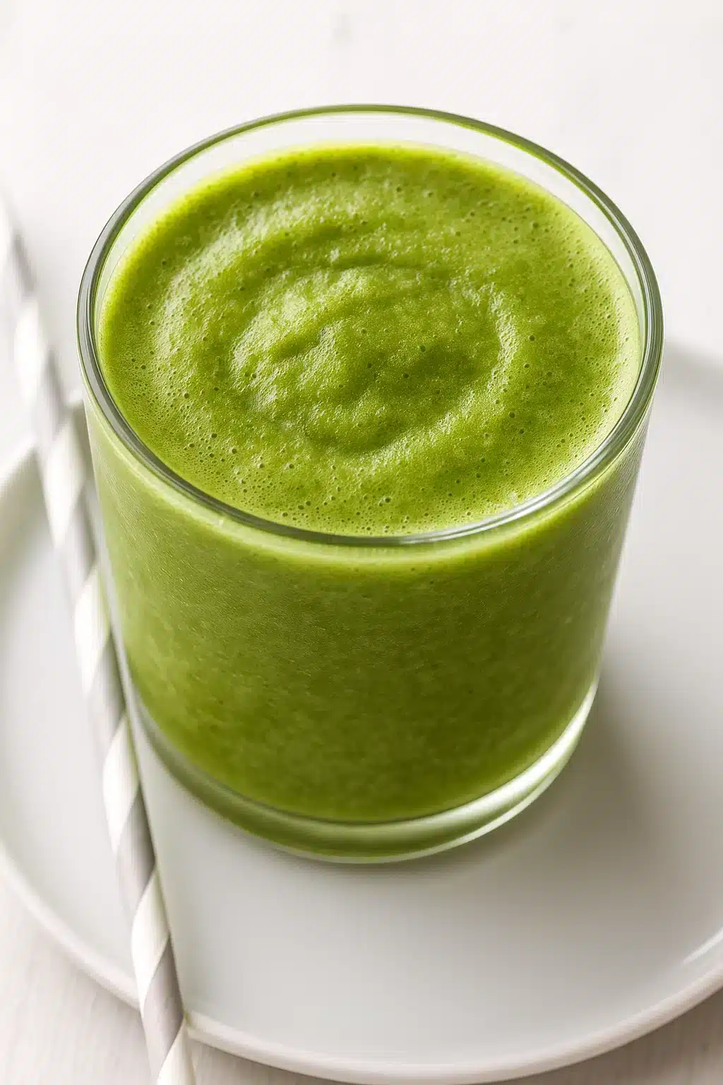 Close-up of a green pineapple grapefruit smoothie in a clear glass with a striped straw on a white plate.