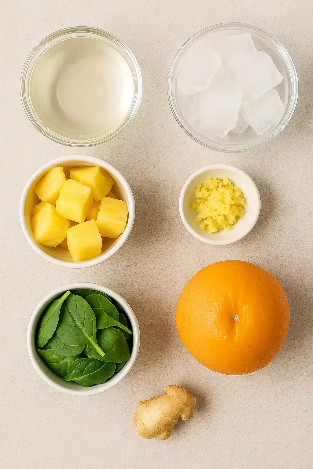 Pineapple and grapefruit smoothie ingredients in small bowls: pineapple chunks, spinach, grated ginger, coconut water, ice, ginger root, and a fresh grapefruit.