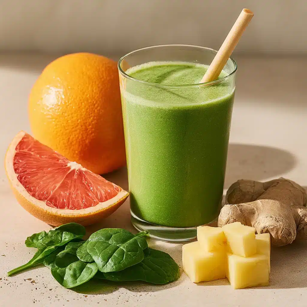 Tall glass of pineapple and grapefruit smoothie with a bamboo straw, surrounded by fresh grapefruit, pineapple chunks, spinach, and ginger root.