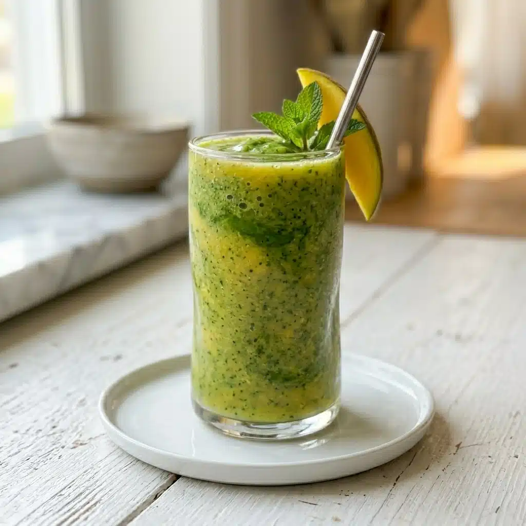 Mango green smoothie in a tall glass with a mango slice, fresh mint, and metal straw on a white wooden table.
