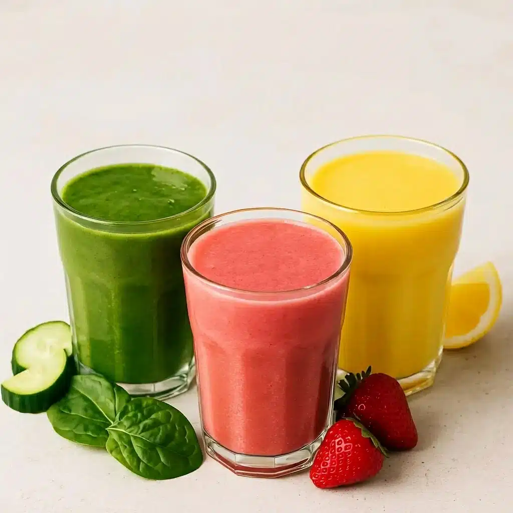 Three green smoothie recipes with fresh fruit and spinach.