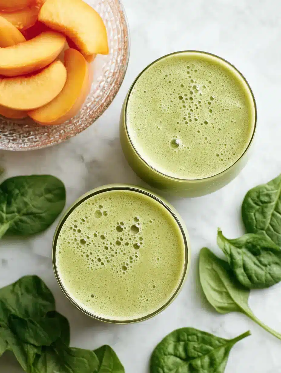 Tall glass of creamy ginger peach smoothie with a bowl of fresh peaches and spinach leaves on a marble counter.