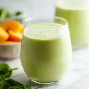 Two glasses of ginger peach smoothie viewed from above with fresh peach slices and baby spinach leaves on a marble counter.