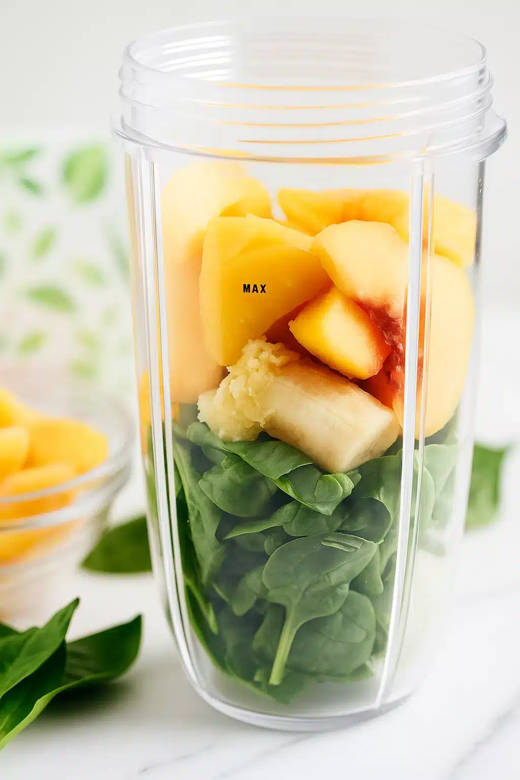 Ginger peach smoothie ingredients layered in a blender cup: spinach, banana, fresh ginger, and peach chunks.
