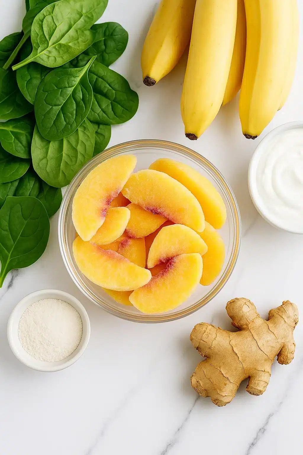 Ginger peach smoothie ingredients on a marble surface: frozen peach slices, baby spinach, bananas, ginger root, yogurt, and protein powder.