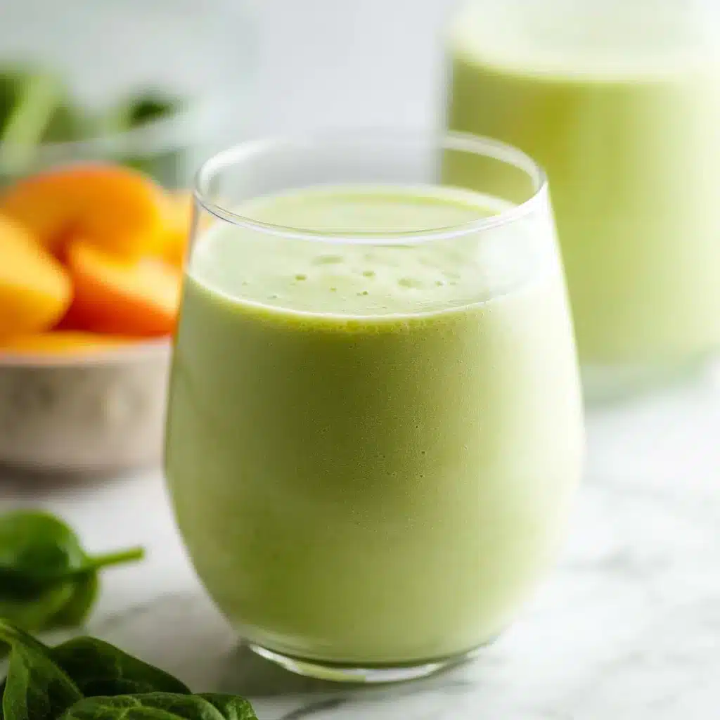 Two glasses of ginger peach smoothie viewed from above with fresh peach slices and baby spinach leaves on a marble counter.