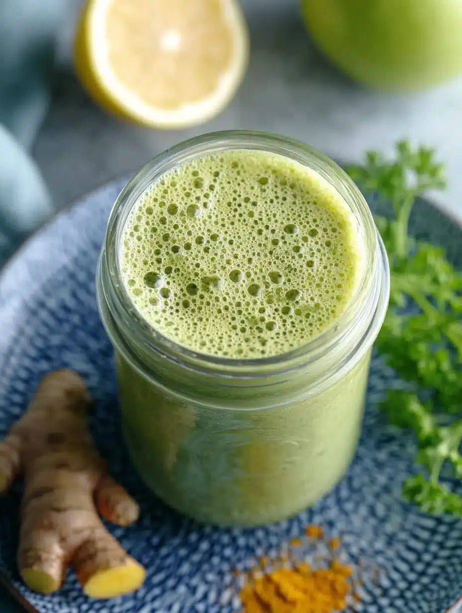 Close-up of a green apple spinach smoothie in a mason jar with ginger root, lemon, parsley, and turmeric on a blue patterned plate.