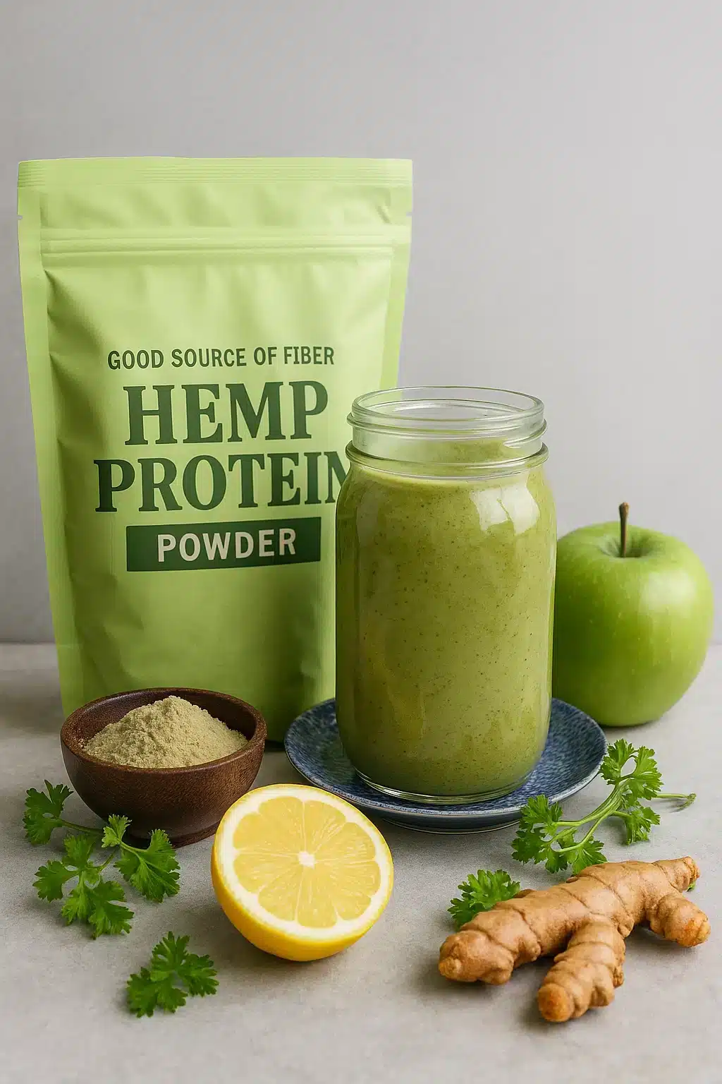 Green apple spinach smoothie ingredients with hemp protein powder, green apple, lemon, ginger root, and parsley around a mason jar.