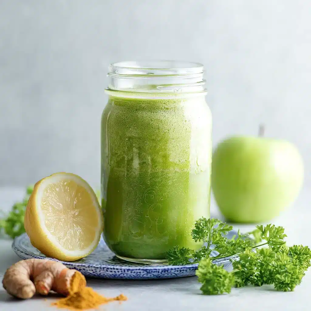 Green apple spinach smoothie in a mason jar on a blue patterned plate with lemon, green apple, ginger root, turmeric, and parsley.