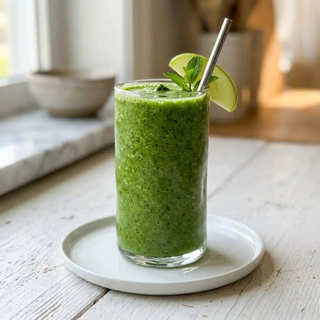 Bright green smoothie in a tall glass with a green apple slice, fresh mint, and a metal straw on a white wooden table.