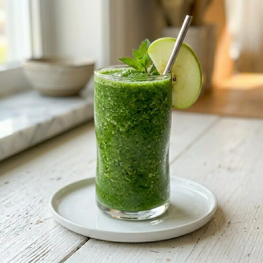 Vibrant green smoothie in a tall glass with a green apple slice, fresh mint, and metal straw on a white wooden table.