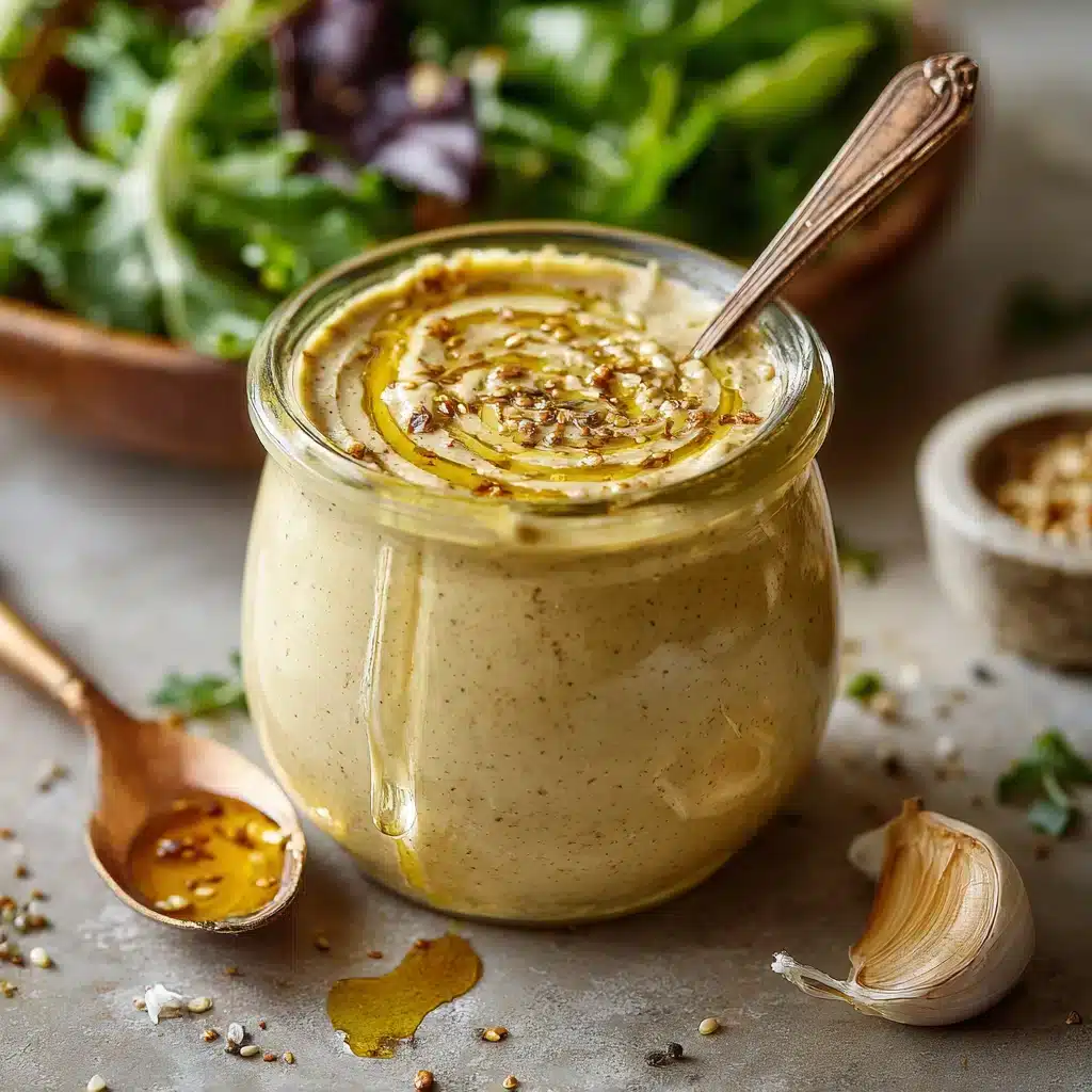 Mason jar of homemade Dijon salad dressing with a wooden spoon, fresh arugula salad, garlic cloves, and a spoonful of dressing on the side.