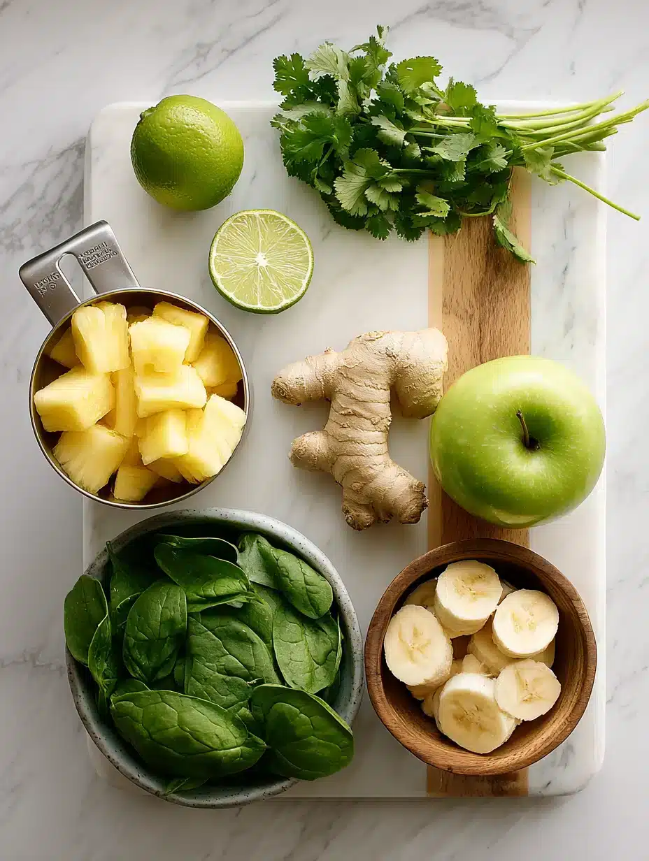 Pineapple ginger smoothie ingredients on a marble board: pineapple chunks, ginger root, spinach, banana slices, green apple, lime, and cilantro.