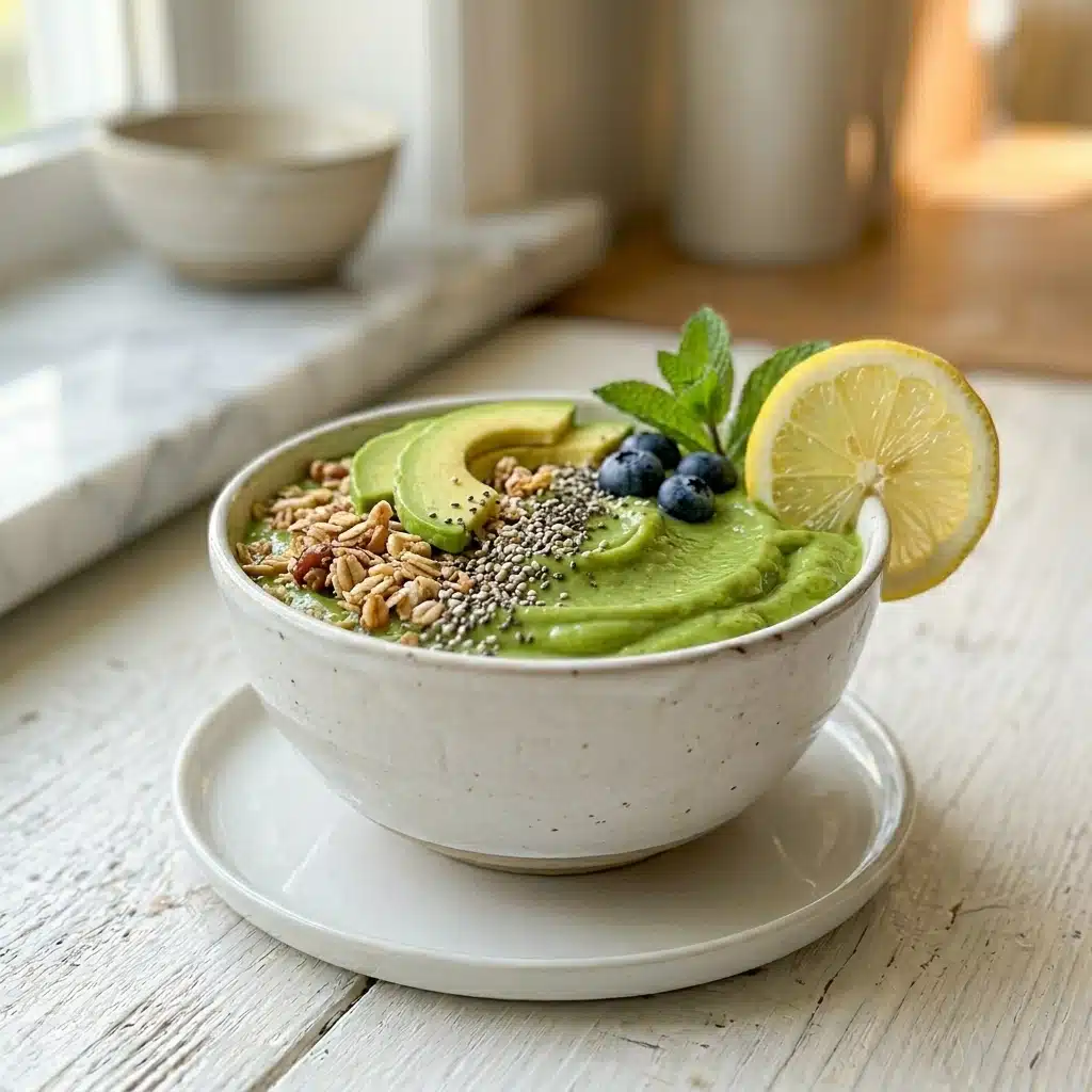 Green smoothie bowl with avocado slices, granola, blueberries, chia seeds, fresh mint, and a lemon slice on a white wooden table.