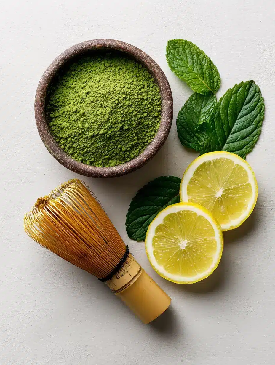 Traditional matcha tea ingredients on a white surface: bowl of green matcha powder, bamboo whisk, fresh mint leaves, and lemon slices.