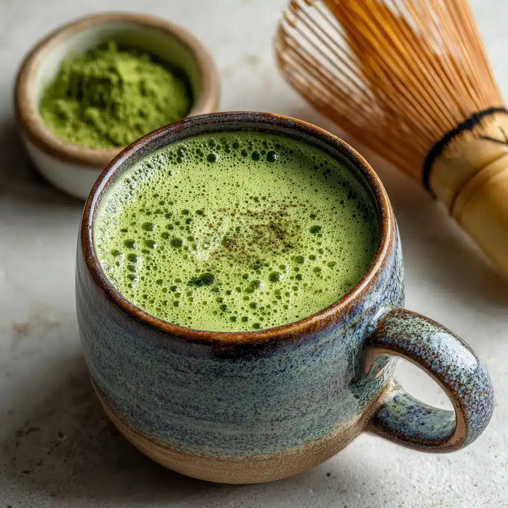 Traditional matcha tea in a rustic ceramic mug with foam on top, beside a bamboo whisk and a small bowl of matcha powder.