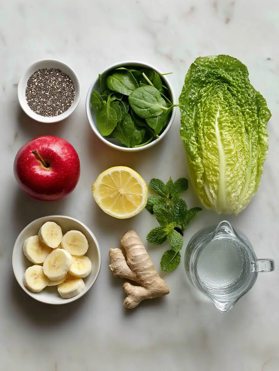 Apple ginger green smoothie ingredients on a marble surface: red apple, sliced banana, spinach, romaine lettuce, ginger root, lemon, fresh mint, chia seeds, and a glass of water.