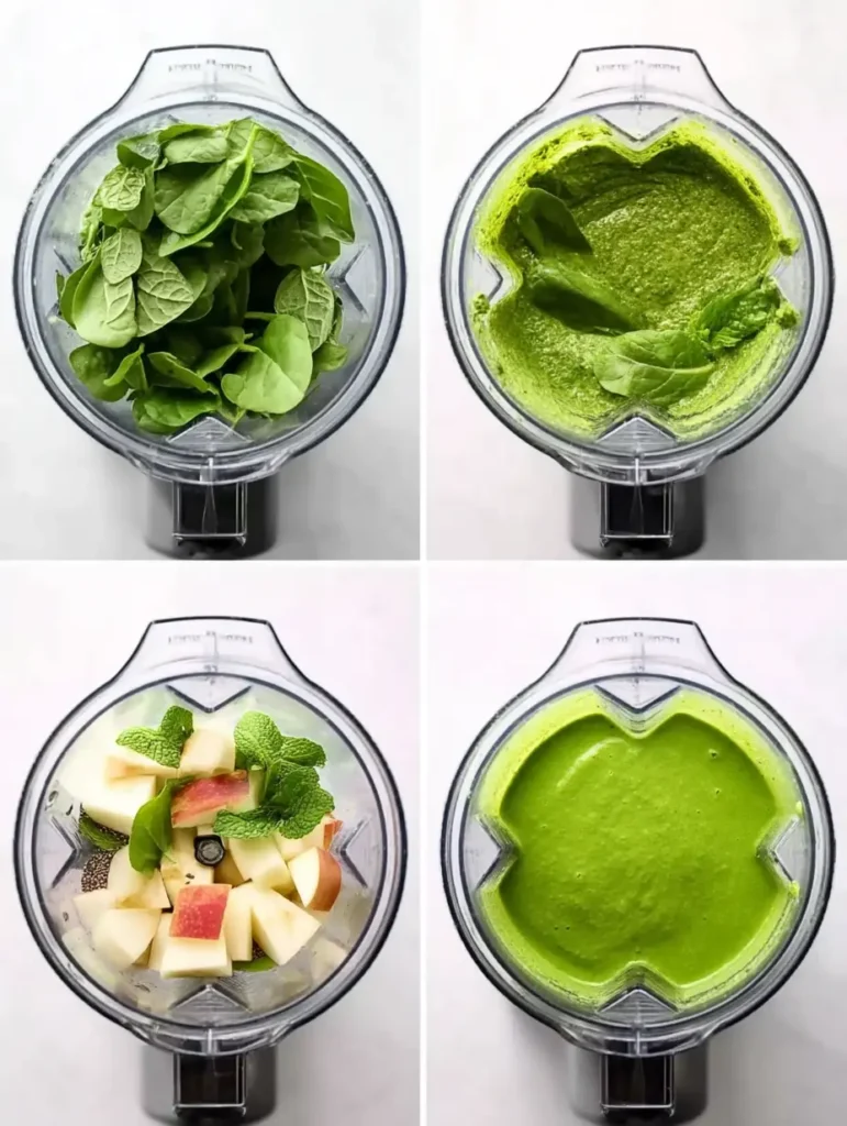 Four-step process for making an apple ginger green smoothie in a blender: fresh spinach, blended greens, added apple chunks and mint, and the final smooth green smoothie.
