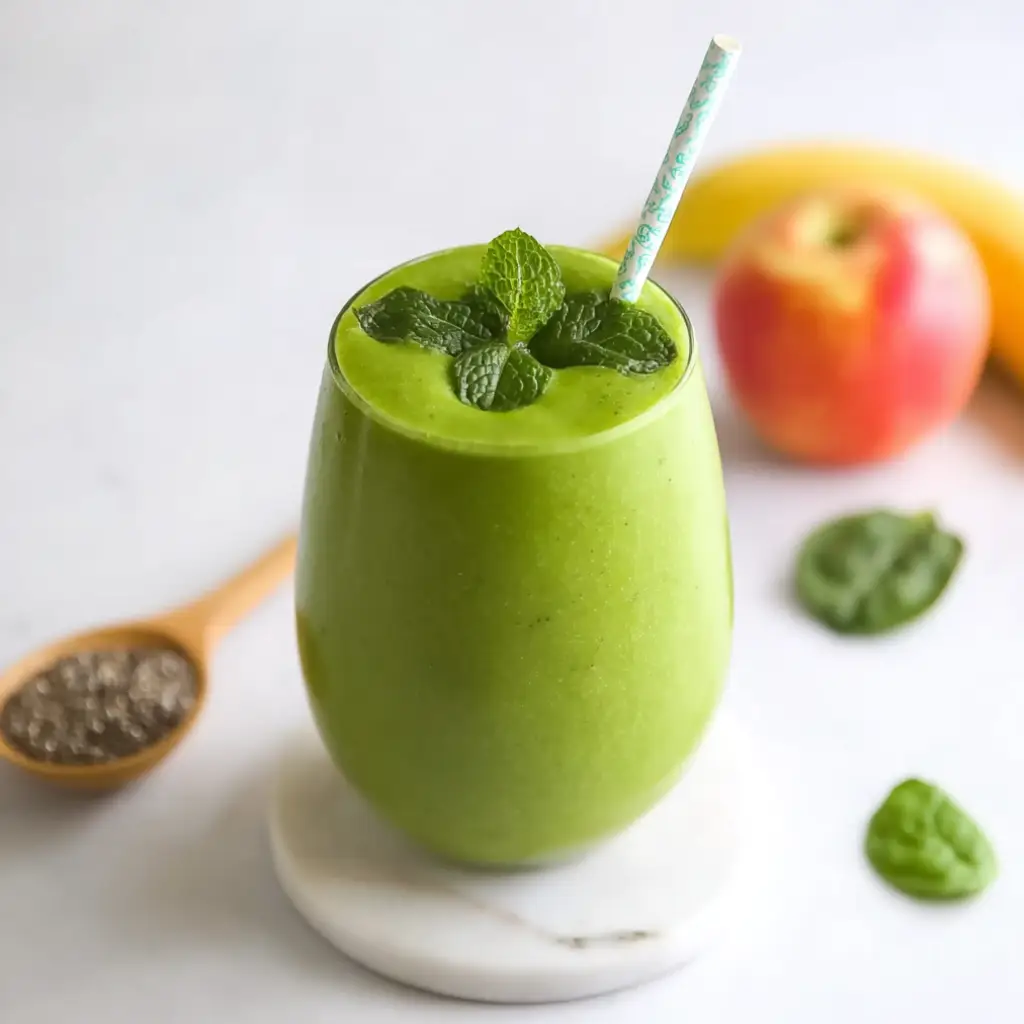 Apple ginger green smoothie in a tall glass with fresh mint and a paper straw on a marble coaster, with apple, banana, and chia seeds in the background.