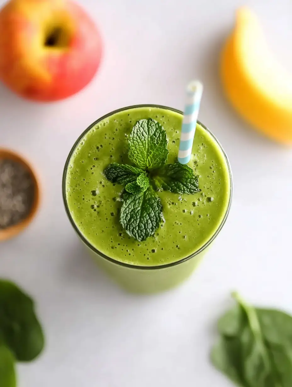 Top-down view of an apple ginger green smoothie in a glass with fresh mint and a striped straw, surrounded by an apple, banana, chia seeds, and spinach leaves.
