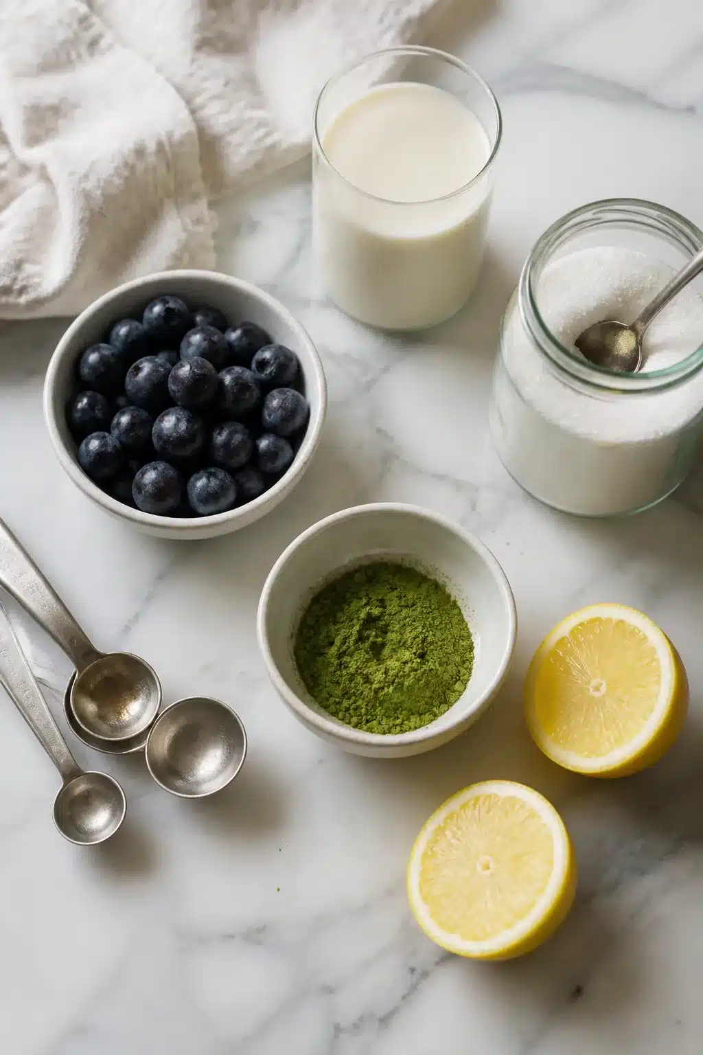Ingredients for blueberry matcha latte laid out on marble surface including blueberries, matcha powder, and oat milk
