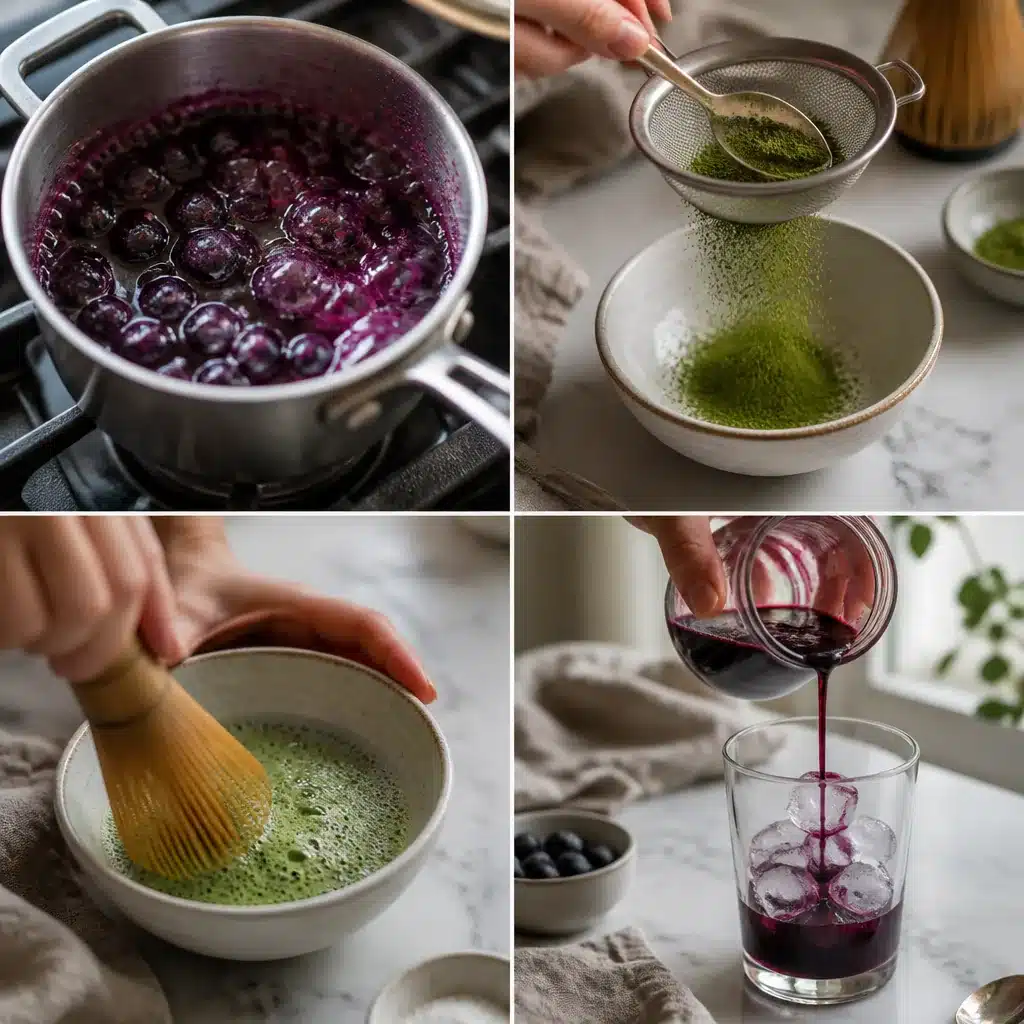 Step by step process for making blueberry matcha latte: simmering blueberry syrup, sifting matcha, whisking, and layering