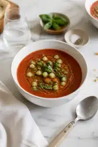 A bowl of cold tomato soup topped with olive oil, diced cucumber, and fresh basil