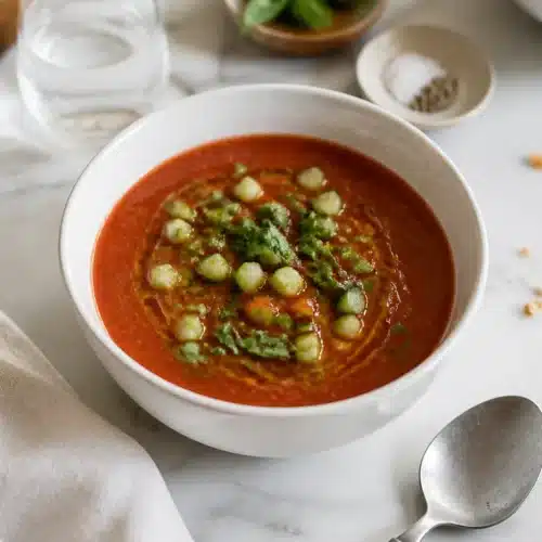 A bowl of cold tomato soup topped with olive oil, diced cucumber, and fresh basil