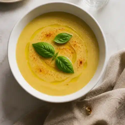 Bowl of creamy summer squash soup topped with fresh basil and olive oil drizzle