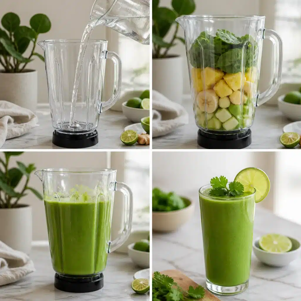 Four steps to make a pineapple ginger smoothie: water, ingredients, blending, and pouring into a glass.