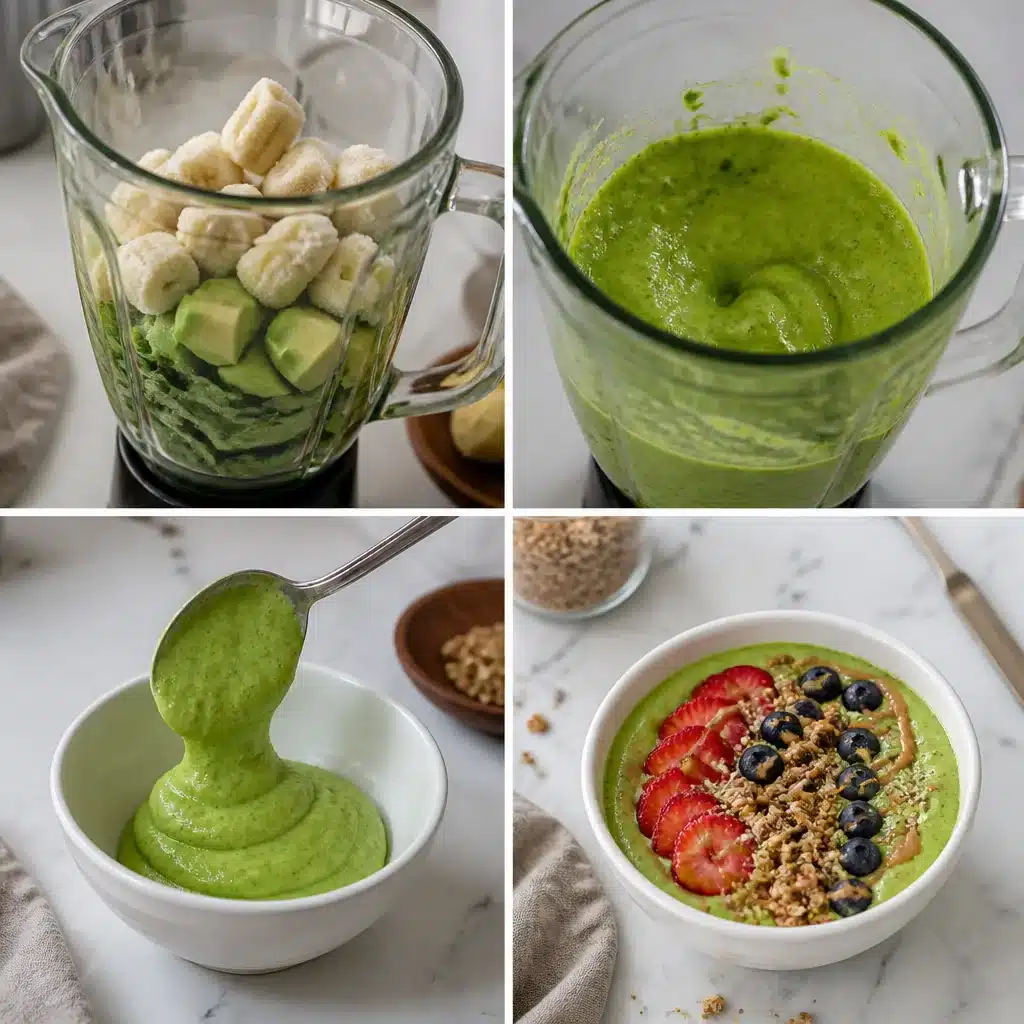 Step-by-step grid showing how to make avocado green smoothie bowl: layering ingredients in blender, thick blended result, pouring into bowl, finished bowl with toppings